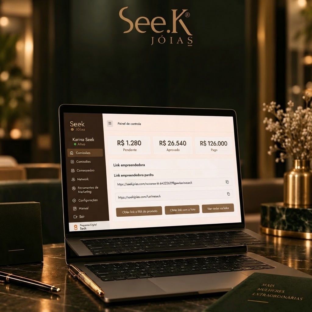 Painel da empreendedora Seek com comissões e link de vendas
